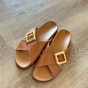 SCHUTZ Enola Crossed Sporty Sandal Brown leather Gold Buckle size 8.5
